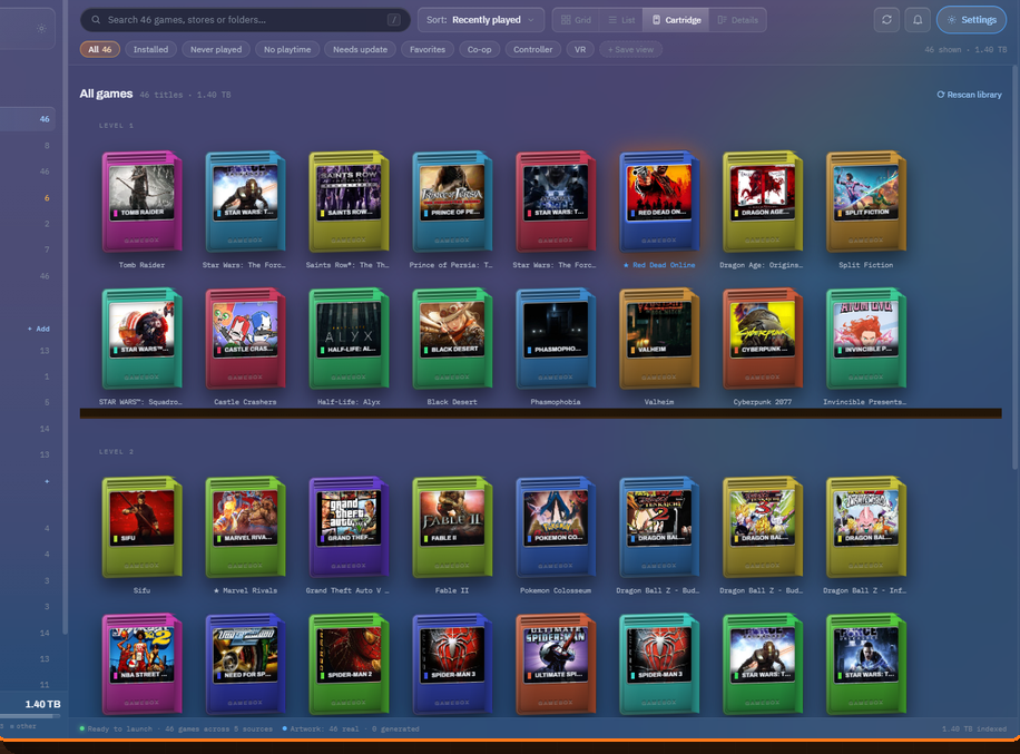 GameBox Cartridge view showing games as cartridges on shelves