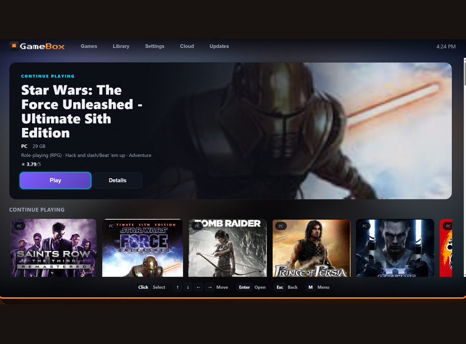 GameBox Gamer Mode full-screen dashboard with continue-playing row