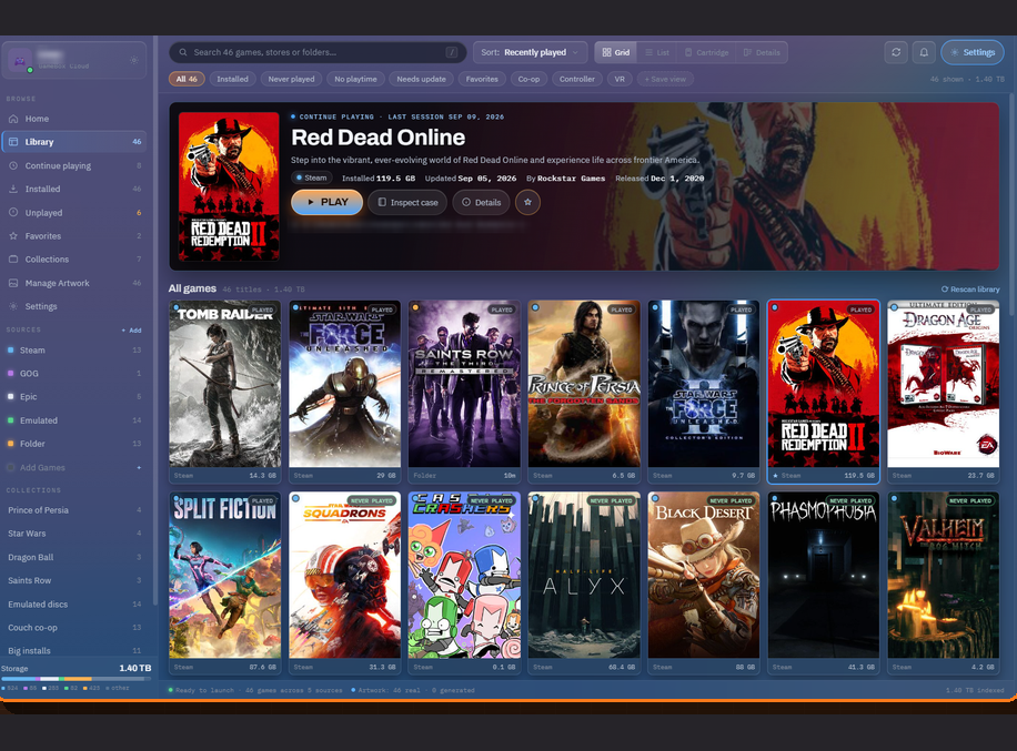 GameBox library grid showing game covers from Steam, GOG, Epic and emulators